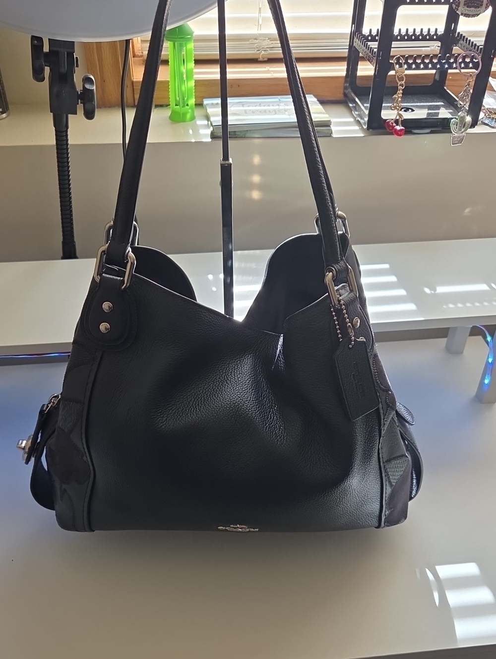 Coach Edie 31 With Tea Rose And Snack Skin Navy Pebbled Leather Shoulder Bag
